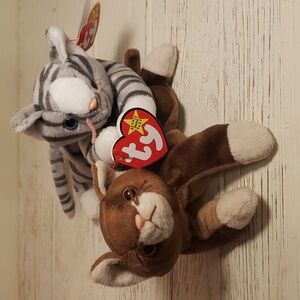 Ty Beanie Babies 1997 Brown Cat Pounce & Gray Striped Cat Prance NWT
